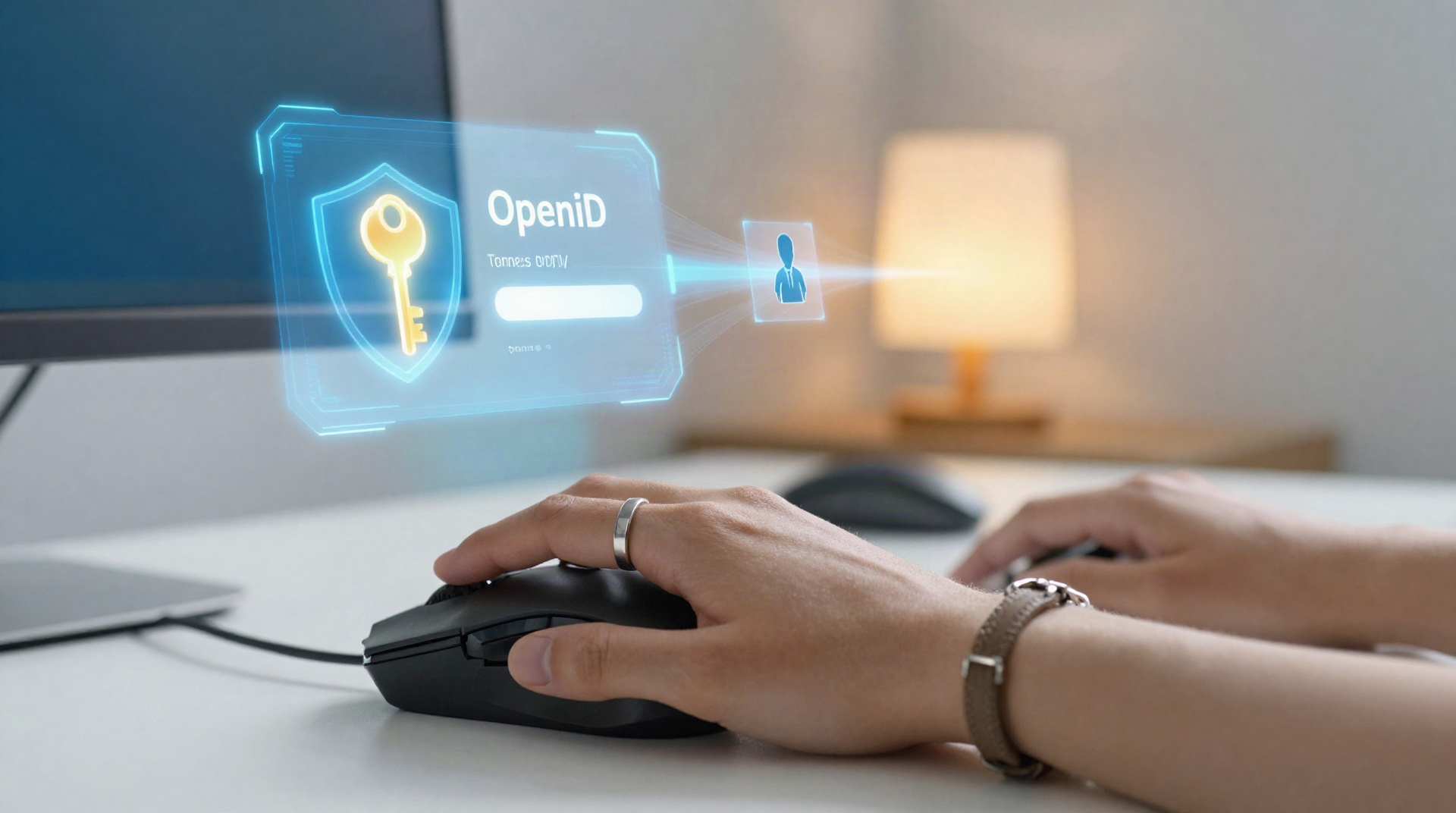 Визуализация механизма OpenID: пароль защищен щитом, а идентификатор профиля передается через безопасный канал.