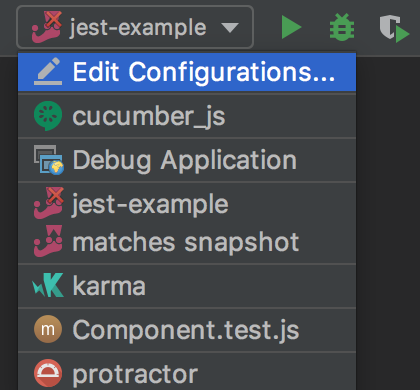 Выберите конфигурацию Jest run / debug из списка на главной панели инструментов и нажмите   справа от списка